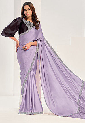 Embroidered Border Satin Georgette Saree in Light Purple
