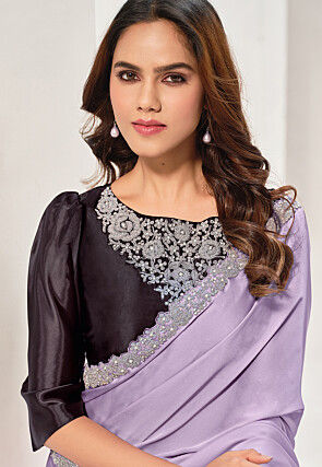 Embroidered Border Satin Georgette Saree in Light Purple