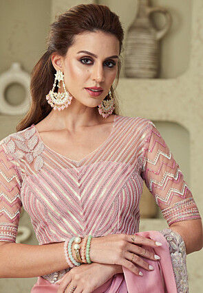 Embroidered Border Satin Georgette Saree in Pink