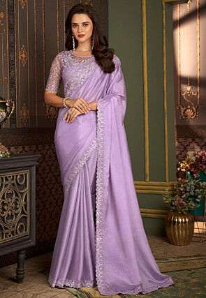 Embroidered Border Satin Georgette Saree in Purple