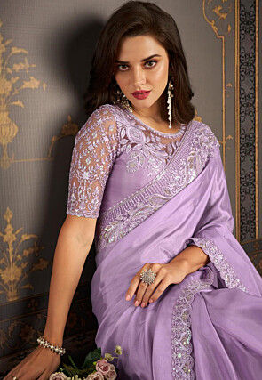 Embroidered Border Satin Georgette Saree in Purple
