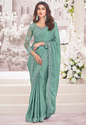 Embroidered Border Satin Georgette Saree in Sea Green