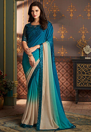 Embroidered Border Satin Georgette Saree in Teal Blue and Beige