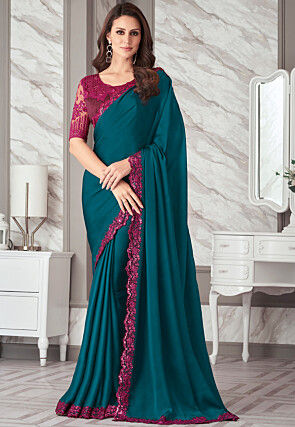 Embroidered Border Satin Georgette Saree in Teal Blue