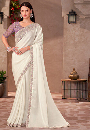 Embroidered Border Satin Georgette Saree in White
