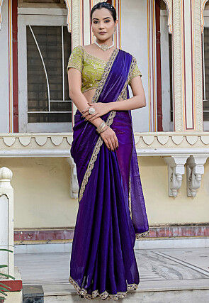 Embroidered Border Satin Georgette Scalloped Saree in Purple