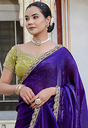 Embroidered Border Satin Georgette Scalloped Saree in Purple