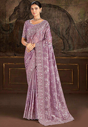 Embroidered Border Satin Georgette Scalloped Saree in Purple