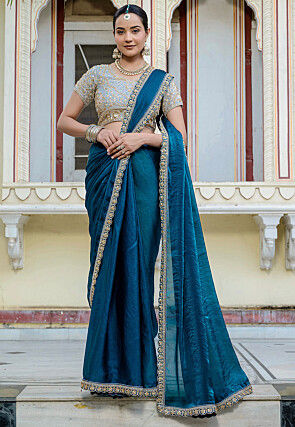 Embroidered Border Satin Georgette Scalloped Saree in Teal Blue