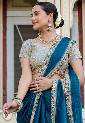 Embroidered Border Satin Georgette Scalloped Saree in Teal Blue