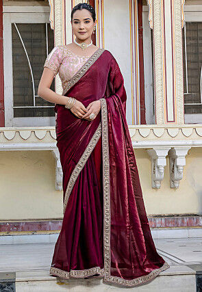 Embroidered Border Satin Georgette Scalloped Saree in Wine