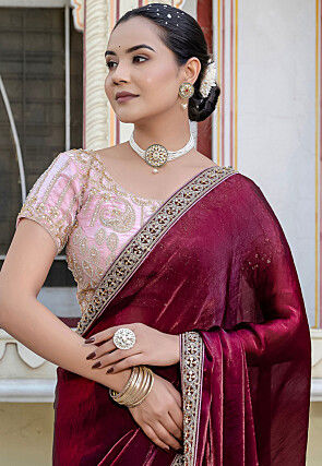 Embroidered Border Satin Georgette Scalloped Saree in Wine