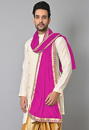 Embroidered Border Satin Men Dupatta in Magenta
