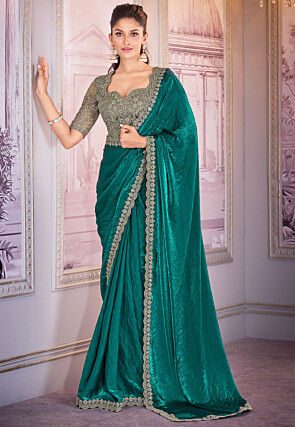 Embroidered Border Satin Organza Scalloped Saree in Teal Green
