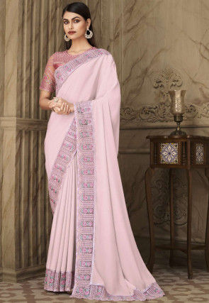 Embroidered Border Satin Saree in Baby Pink