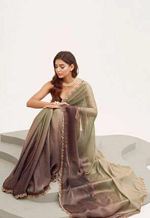 Embroidered Border Satin Saree in Green and Purple