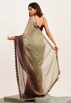 Embroidered Border Satin Saree in Green and Purple