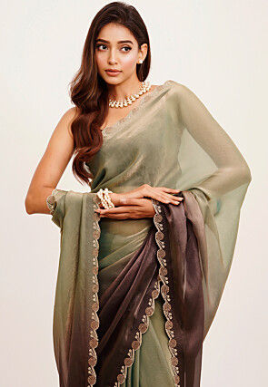 Embroidered Border Satin Saree in Green and Purple