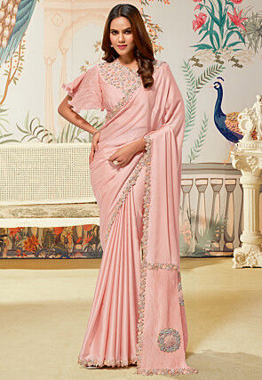 Embroidered Border Satin Saree in Peach