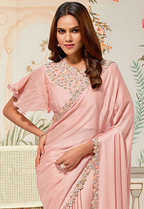 Embroidered Border Satin Saree in Peach