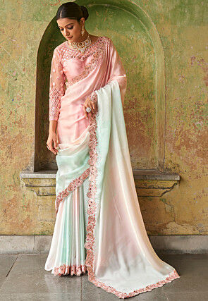 Embroidered Border Satin Saree in Pink and Light Green
