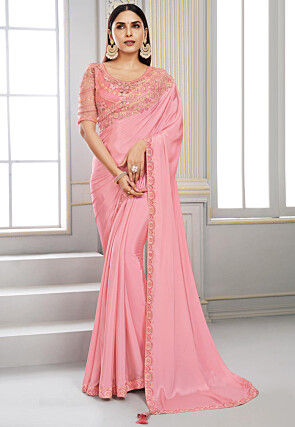 Embroidered Border Satin Saree in Pink