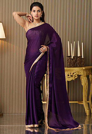Embroidered Border Satin Saree in Purple