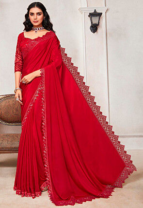 Embroidered Border Satin Saree in Red