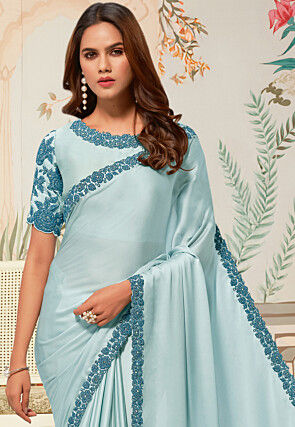 Embroidered Border Satin Saree in Sky Blue