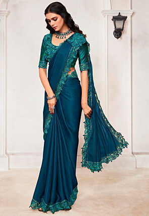 Embroidered Border Satin Saree in Teal Blue