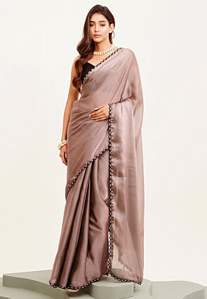 Embroidered Border Satin Scalloped Saree in Brown