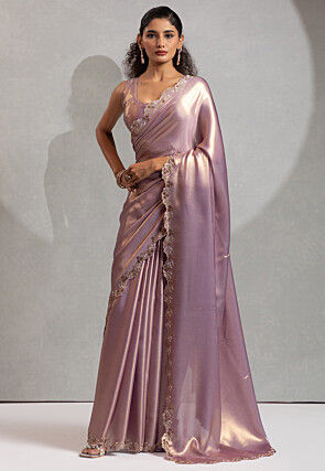 Embroidered Border Satin Scalloped Saree in Light Purple
