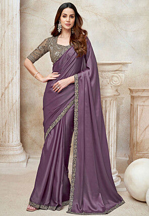 Embroidered Border Satin Scalloped Saree in Purple