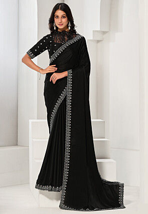 Embroidered Border Satin Silk Saree in Black