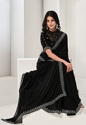 Embroidered Border Satin Silk Saree in Black