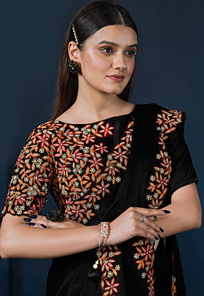 Embroidered Border Satin Silk Saree in Black