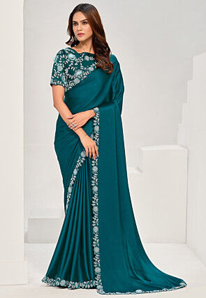 Embroidered Border Satin Silk Saree in Blue