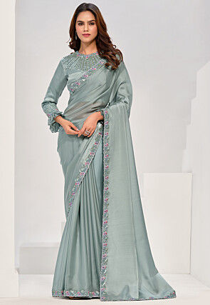 Embroidered Border Satin Silk Saree in Dusty Green