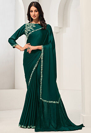Embroidered Border Satin Silk Saree in Green