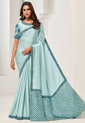 Embroidered Border Satin Silk Saree in Light Blue