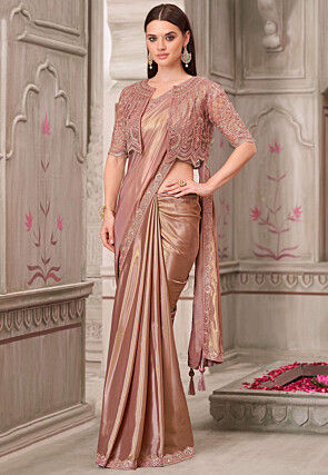 Embroidered Border Satin Silk Saree in Old Rose