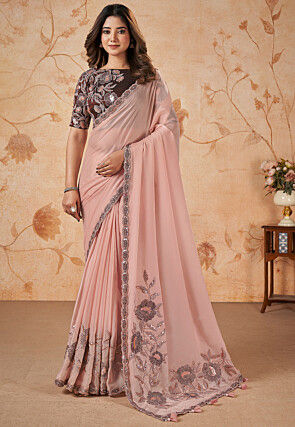Light Pink Silk Satin Ready Wear Saree in Silk Satin