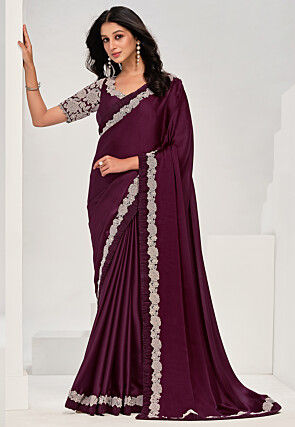 Embroidered Border Satin Silk Saree in Wine