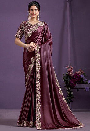Embroidered Border Satin Silk Saree in Wine
