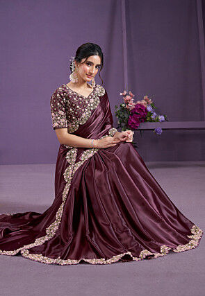 Embroidered Border Satin Silk Saree in Wine