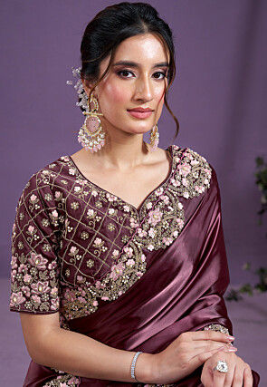 Embroidered Border Satin Silk Saree in Wine