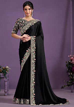 Embroidered Border Satin Silk Scalloped Saree in Black