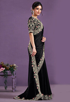 Embroidered Border Satin Silk Scalloped Saree in Black