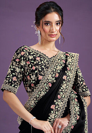 Embroidered Border Satin Silk Scalloped Saree in Black