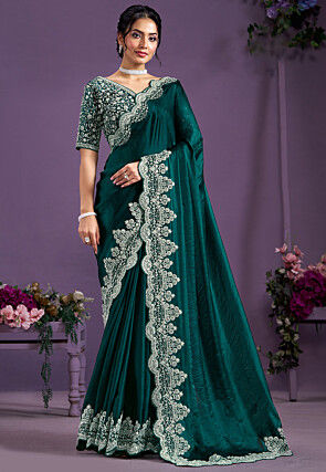 Plain green saree with designer blouse store